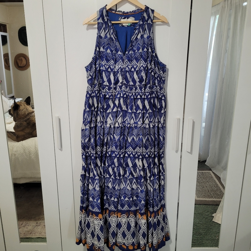 Anthropologie Tiered Abstract Maxi Blue Geometric Cotton Dress - Picture 7 of 12